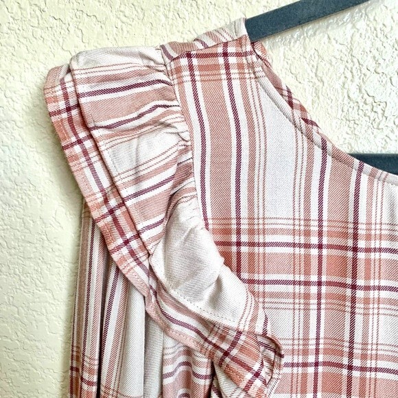 Loft blouse women Beige plaid long sleeve ruffle top size SP - Picture 3 of 8
